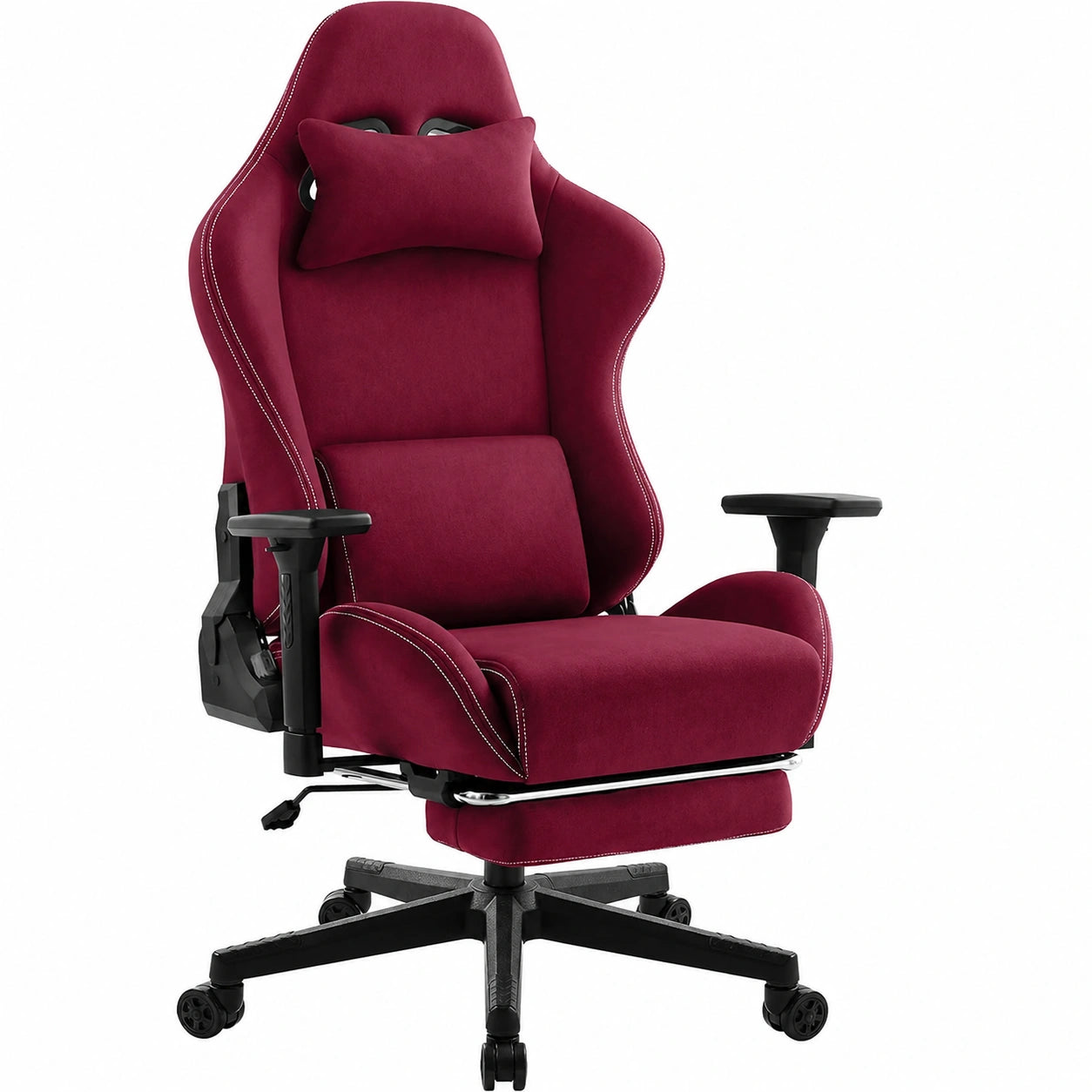 Ergonomischer Gaming-Stuhl aus Kunstleder mit 3D-Armlehnen, Fußstütze und Lendenkissen, weinrot