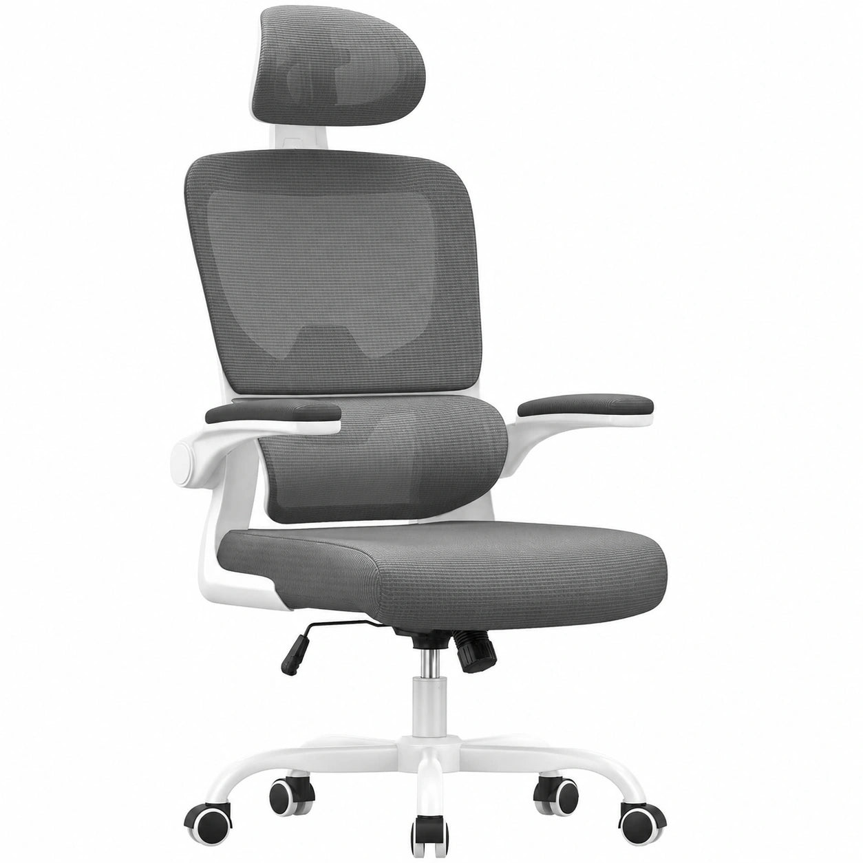 Ergonomischer Bürostuhl mit Verstellbarer Kopfstütze und Lordosenstütze, Atmungsaktives Netzdesign, Dunkelgrau