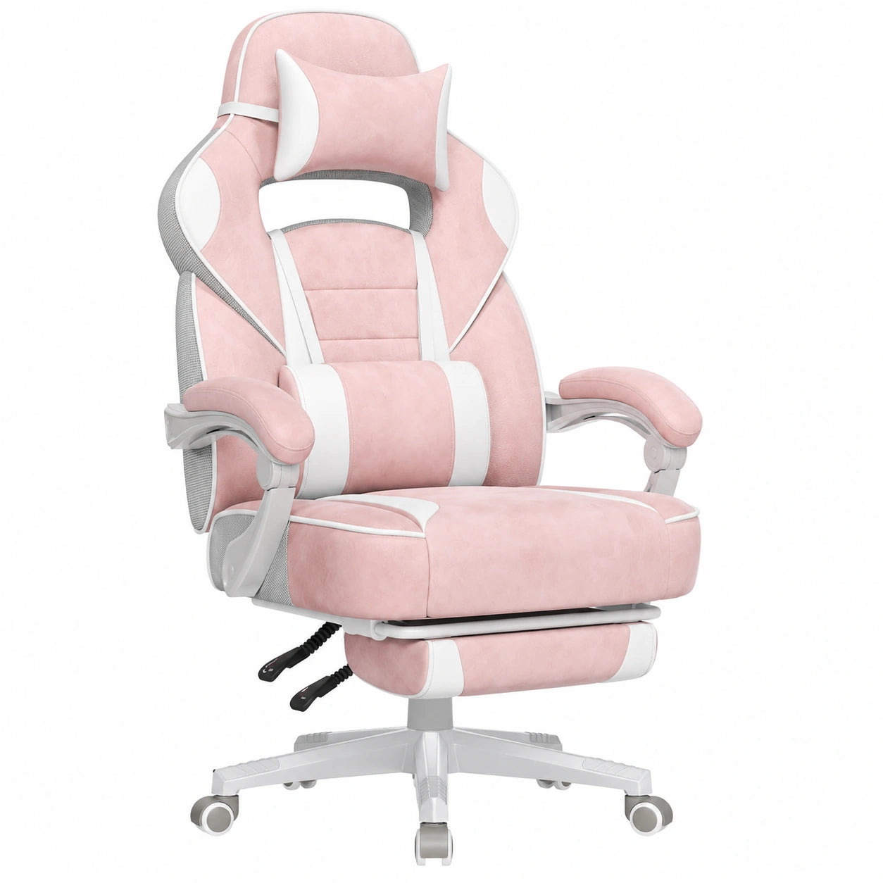 Ergonomischer Gaming-Stuhl mit Fußstütze und Lendenkissen, Höhenverstellbar, bis 150 kg, Pastellrosa