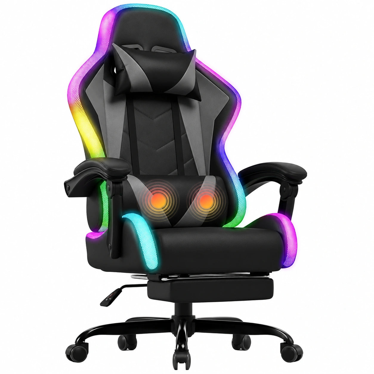 Gaming-Stuhl mit Massagefunktion und LED, Ergonomischer Bürostuhl, Verstellbare Rückenlehne 90-135°, 150 kg Belastbarkeit, Grau