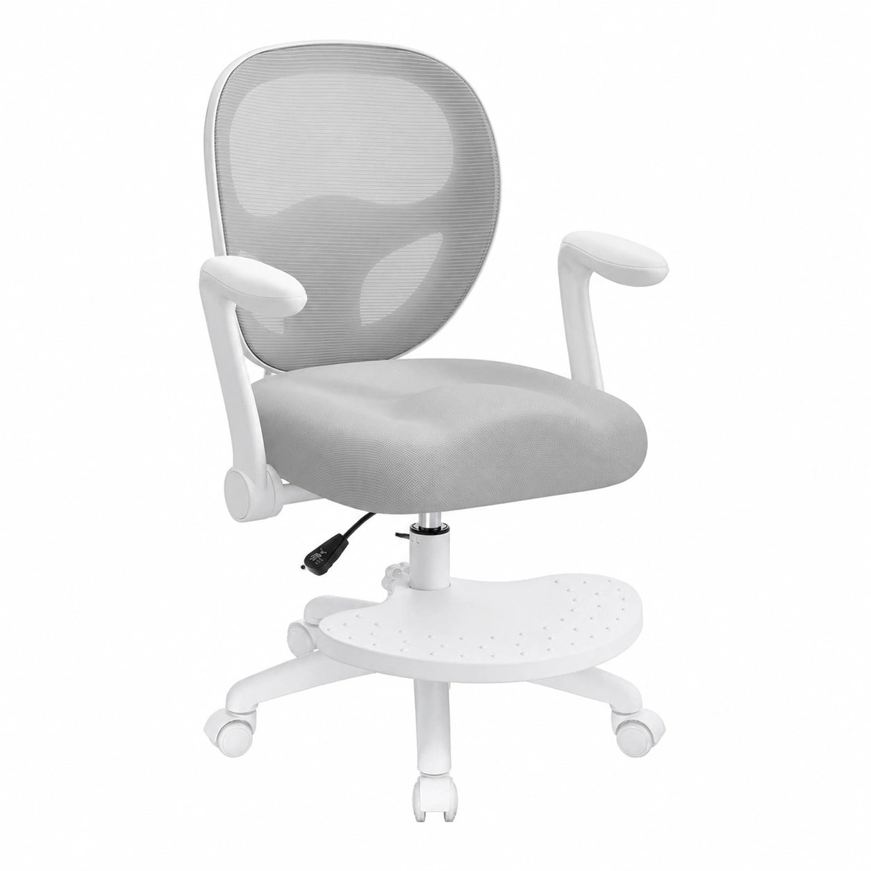 Ergonomischer Kinder-Drehstuhl mit Klapparmlehnen und Fußstütze, Netzstoff, Grau