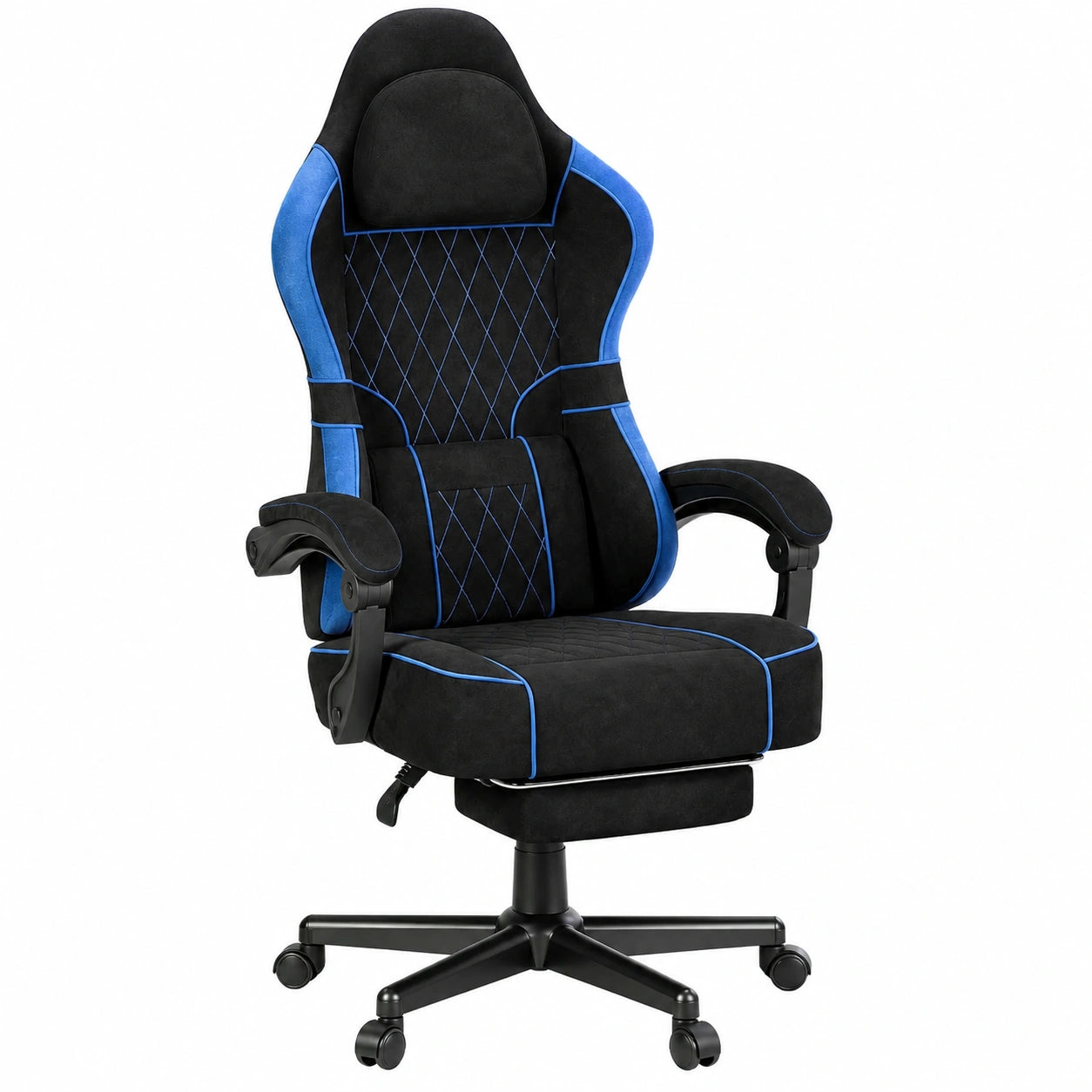 Ergonomischer Samt-Gaming-Stuhl mit Massage und verstellbarer Rückenlehne, inkl. Fußstütze, schwarz/blau