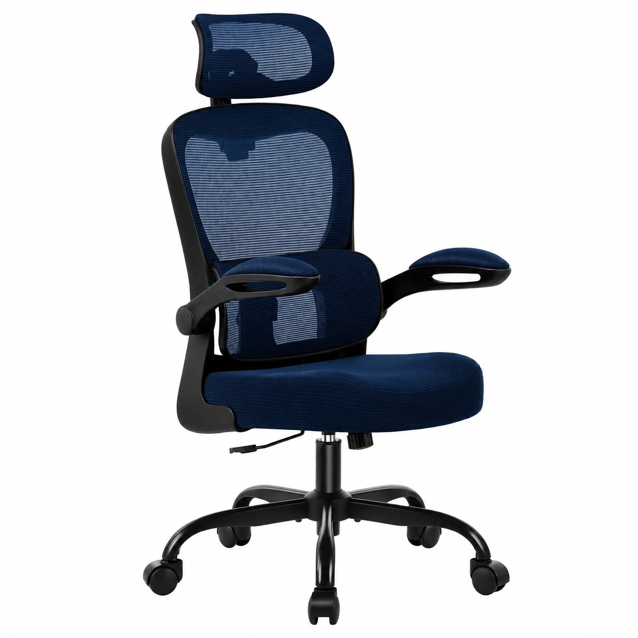 Ergonomischer Bürostuhl mit Kopfstütze, Anpassbare Lendenwirbelstütze & Netzmaterial, Belastbar bis 150 kg, Ideal für Büro & Homeoffice, Blau